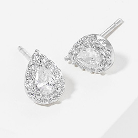 White Gold Dipped Teardrop CZ Stone Cluster Mini Stud Earrings