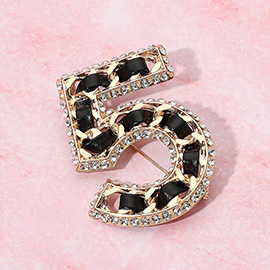 Rhinestone Rim Faux Leather Threaded Number Five Pin Brooch