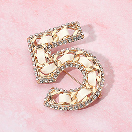 Rhinestone Rim Faux Leather Threaded Number Five Pin Brooch