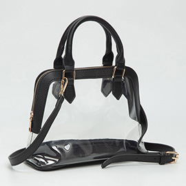 Faux Leather Trim Transparent Structured Top Handle Handbag / Crossbody Bag