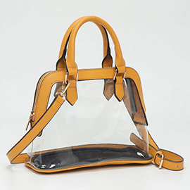 Faux Leather Trim Transparent Structured Top Handle Handbag / Crossbody Bag