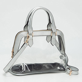 Faux Leather Trim Transparent Structured Top Handle Handbag / Crossbody Bag