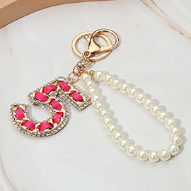 Faux Leather Threaded Number Five Pearl Beaded Keychain / Bag Charm