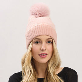 Paid Pattern Faux Fur Mixed Fleeced Pom Pom Winter Beanie Hat