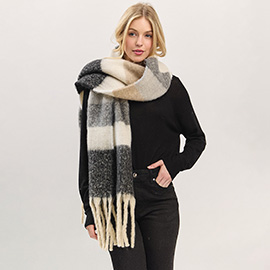 Oversized Multi Color Striped Soft Brushed Knit Fringe Scarf