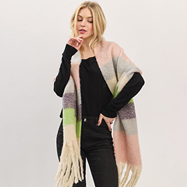 Oversized Multi Color Striped Soft Brushed Knit Fringe Scarf