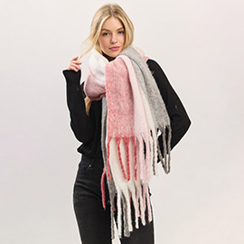 Oversized Solid Colorblock Soft Brushed Knit Fringe Scarf