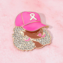 Rhinestone Paved Cool Afro Woman in Awareness Pink Ribbon Cap Pin Brooch