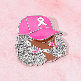 Rhinestone Paved Cool Afro Woman in Awareness Pink Ribbon Cap Pin Brooch