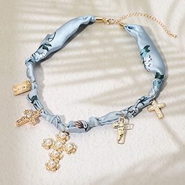 Pearl Cross Charm Fabric Necklace