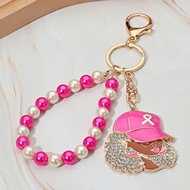 Rhinestone Paved Cool Afro Woman in Awareness Pink Ribbon Cap Beaded Wristlet Keychain / Bag Charm