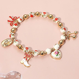 Enamel Bow Western Cowboy Boot Hat Heart Charm Ceramic Ball Beaded Stretch Bracelet