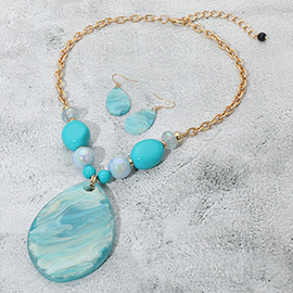 Bold Sparkled Celluloid Acetate Teardrop Pendant Accent Pebble Beaded Statement Necklace