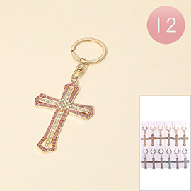12PCS - Rhinestone Embellished Cross Charm Keychains