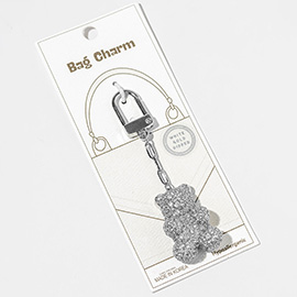 White Gold Dipped CZ Stone Paved Teddy Bear Drop Keychain Bag Charm