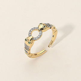 SECRET BOX_14K Gold Dipped Stone Paved Twin Snake Ring Accent Adjustable Ring