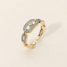 SECRET BOX_14K Gold Dipped Center Stone Bezel Accent Rhinestone Paved Link Adjustable Ring
