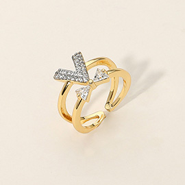 SECRET BOX_14K Gold Dipped Rhinestone Paved V Bow Accent Adjustable Ring