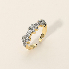 SECRET BOX_14K Gold Dipped Rhinestone Paved Crisscross Accent Adjustable Ring