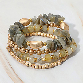 4PCS - Natural Stone Metal Ball Beaded Stretch Multi Layered Bracelets