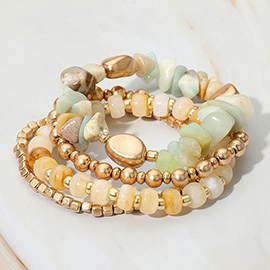 4PCS - Natural Stone Metal Ball Beaded Stretch Multi Layered Bracelets