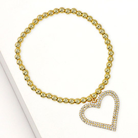 Stainless Steel CZ Stone Paved Open Heart Charm Stretch Bracelet