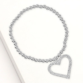 Stainless Steel CZ Stone Paved Open Heart Charm Stretch Bracelet