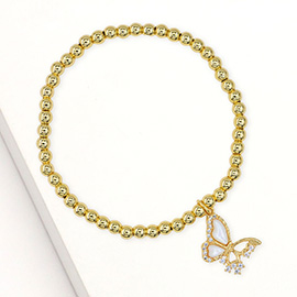 Stainless Steel CZ Stone Accent Mother of Pearl Butterfly Charm Stretch Bracelet