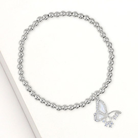 Stainless Steel CZ Stone Accent Mother of Pearl Butterfly Charm Stretch Bracelet