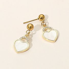 Stainless Steel CZ Stone Accent Mother of Pearl Heart Charm Dangle Earrings
