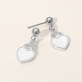 Stainless Steel CZ Stone Accent Mother of Pearl Heart Charm Dangle Earrings