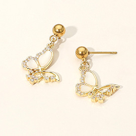 Stainless Steel CZ Stone Accent Mother of Pearl Butterfly Charm Dangle Earrings