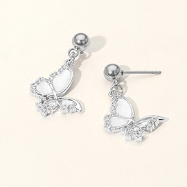 Stainless Steel CZ Stone Accent Mother of Pearl Butterfly Charm Dangle Earrings
