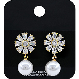 Gold Dipped Flower CZ Stone Accent Pearl Dangle Earrings