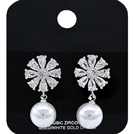 Gold Dipped Flower CZ Stone Accent Pearl Dangle Earrings