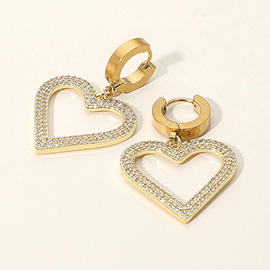 Stainless Steel CZ Stone Paved Open Heart Charm Dangle Huggie Earrings