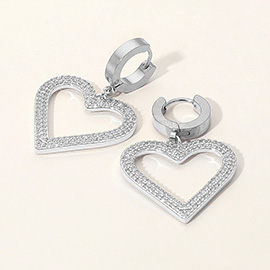 Stainless Steel CZ Stone Paved Open Heart Charm Dangle Huggie Earrings