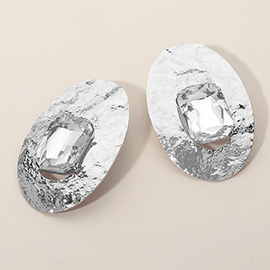 Faceted Rectangle Center Stone Accent Hammered Oval Metal Plate Earrings