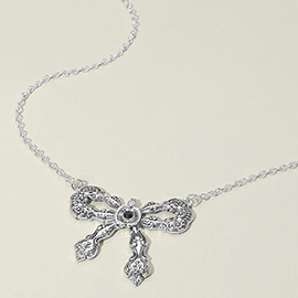 Stone Accent Antique Metal Vintage Bow Pendant Necklace
