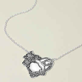 Antique Metal Rose Embossed Heart Pendant Necklace