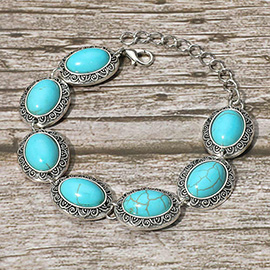 Vintage Western Turquoise Oval Stone Charm Link Bracelet