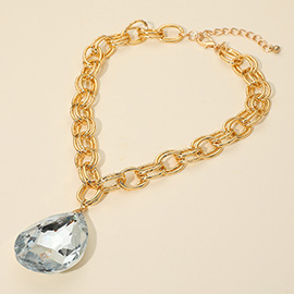 Bold Faceted Teardrop Stone Pendant Accent Chunky Chain Statement Necklace
