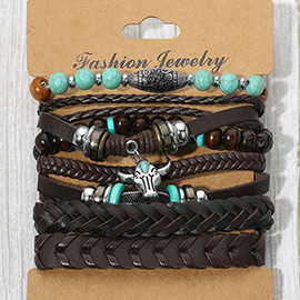 6PCS - Unisex Western Theme Steerhead Charm Accent Braided Adjustable Wood Turquoise Beaded Stretch Multi Layered Bracelets