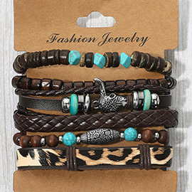 6PCS - Leopard Print Western Charm Braided Adjustable Wooden Beaded Stretch Multi Layered Bracelets