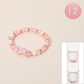 12PCS - Awareness Pink Ribbon Beaded Stretch Bracelets