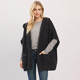 Solid Hooded Poncho Wrap with Pockets