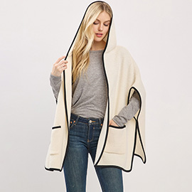 Solid Hooded Poncho Wrap with Pockets