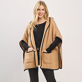 Solid Hooded Poncho Wrap with Pockets