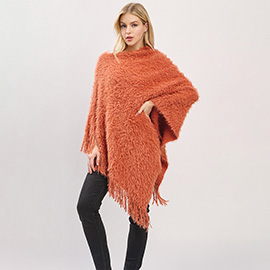 Fringe Hem Fuzzy Knit Poncho