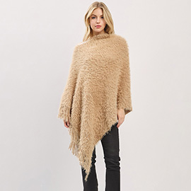 Fringe Hem Fuzzy Knit Poncho